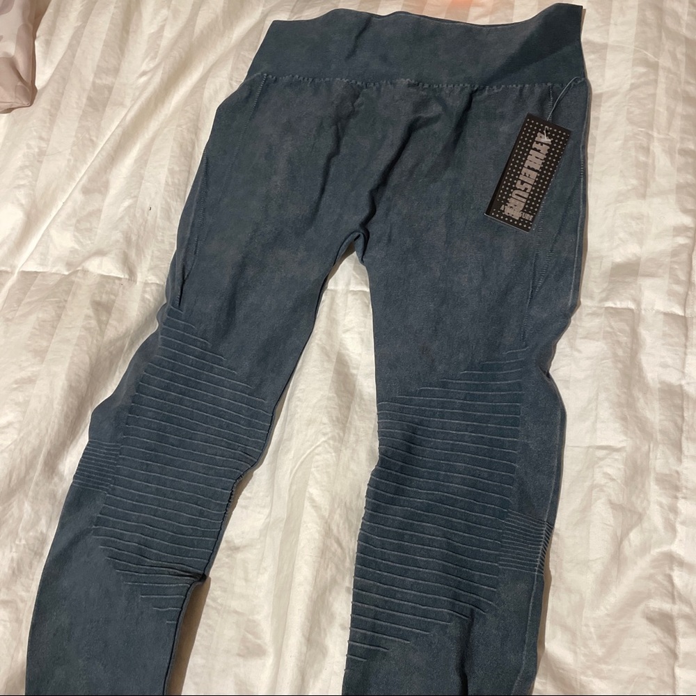 muted teal workout leggings with ribbed design